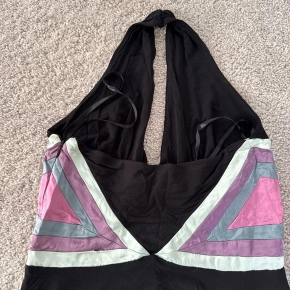 Vntg Bebe Halterneck Black Dress Satin Accents Size M Asymmetrical Babydoll Y2K - Picture 9 of 9